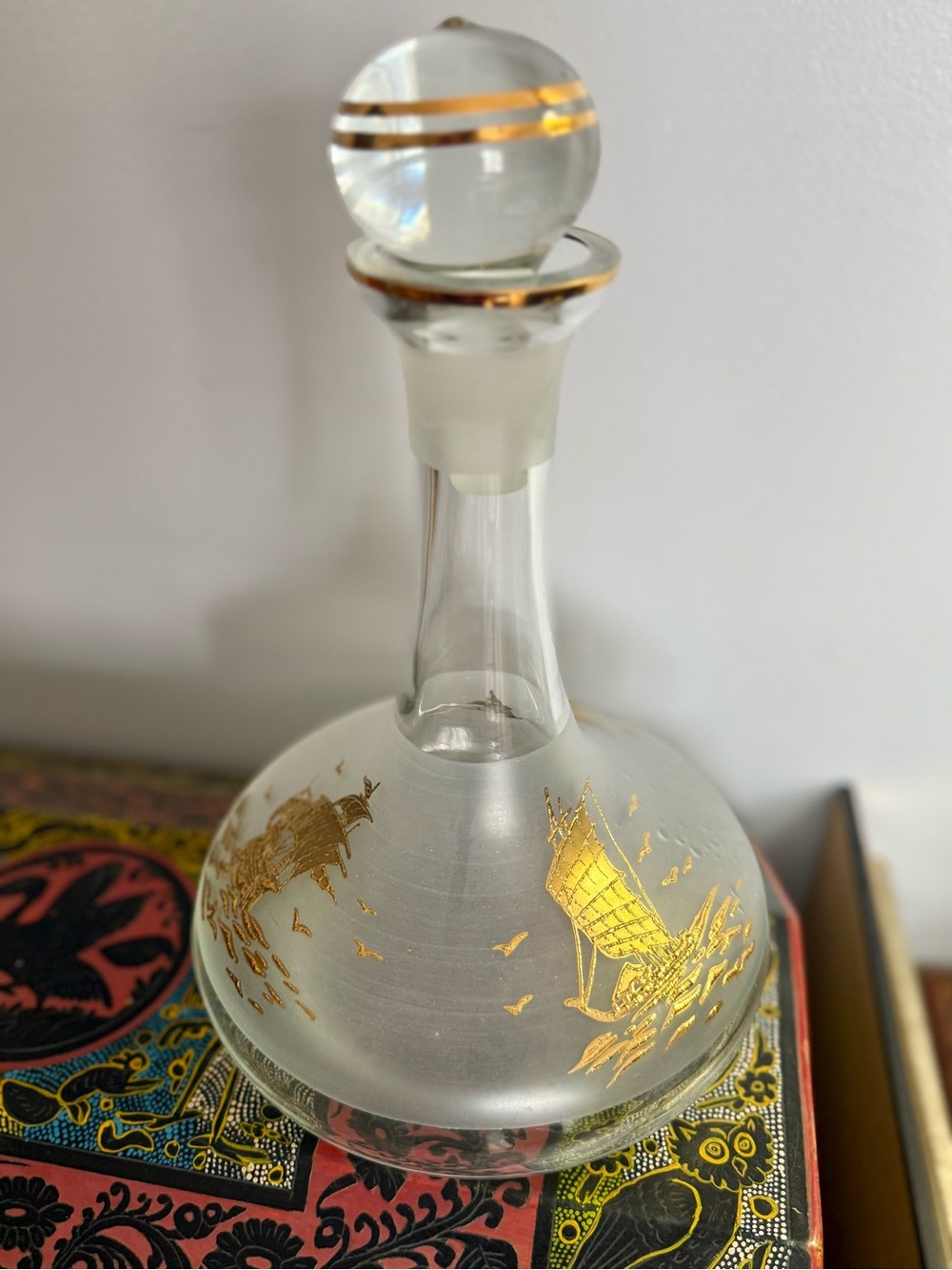 Rare Bohemia Crystal Decanter Frosted Glass with 22K Gold Nautical Design